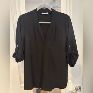 Calvin Klein Black Dustin Roll Tab 3/4 Sleeve Blouse | Petite Large